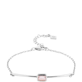 Juvi Manhattan Rose Quartz Bracelet in pink, silver-tone chain and curved bar with rectangular rose quartz stone centrepiece