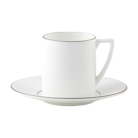 Jasper Conran Platinum Coffee Cup & Saucer Set, white bone china with platinum band trim, cup with handle on matching saucer