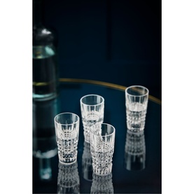Waterford Lismore Diamond Shot Glass 56ml set of 4 in clear crystal with geometric cut pattern, shown on mirrored tray