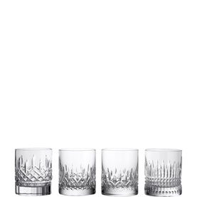 Waterford Lismore Evolution Tumblers Set of 4 in clear crystal, each with a unique cut pattern including diamond and vertical cuts
