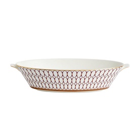 Wedgwood Renaissance Red Oval Serving Bowl 33.9cm in white bone china with red geometric pattern, gold banding and helper handles