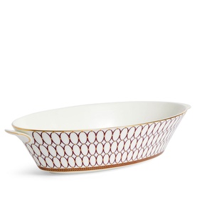 Wedgwood Renaissance Red Oval Serving Bowl 33.9cm in white bone china with red geometric lattice pattern and gold banding, helper handles
