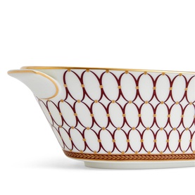 Wedgwood Renaissance Red Oval Serving Bowl 33.9cm in white bone china with deep red lattice pattern and gold banding, with helper handles