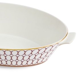 Wedgwood Renaissance Red Oval Serving Bowl 33.9cm in white bone china with red geometric pattern and gold banding, helper handles visible