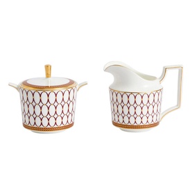 Wedgwood Renaissance Red Sugar & Creamer Two-Piece Set in white bone china with red geometric lattice pattern and gold trim detailing