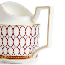 Wedgwood Renaissance Red Sugar & Creamer Set, white bone china creamer jug with deep red oval lattice pattern and gold detailing