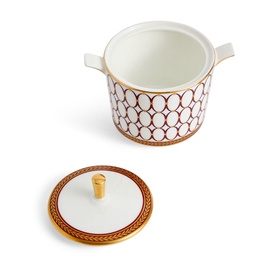 Wedgwood Renaissance Red Sugar Bowl with lid, white bone china with red geometric pattern and gold rim detailing
