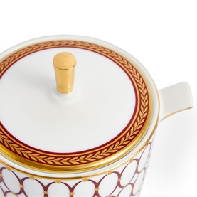 Wedgwood Renaissance Red Sugar Bowl with lid, white bone china with red geometric pattern and gold laurel border detail
