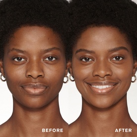 Model wearing Est&eacute;e Lauder Futurist SkinTint Serum Foundation SPF 20, before and after comparison showing improved skin radiance and even tone