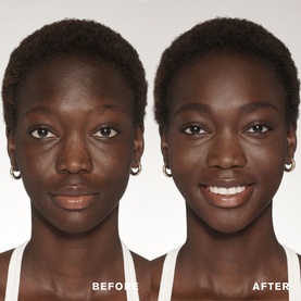 Model with Est&eacute;e Lauder Futurist SkinTint Serum Foundation SPF 20 before and after application, showing enhanced radiance and even skin tone