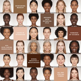 Est&eacute;e Lauder Futurist SkinTint Serum Foundation SPF 20 shade range campaign showing diverse models across multiple skin tones