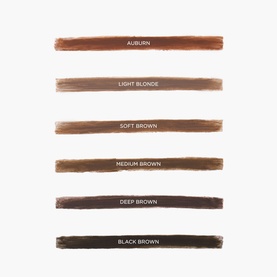 Sculpted by Aimee Shape & Set Brow Duo shade range swatch card showing Auburn, Light Blonde, Soft Brown, Medium Brown, Deep Brown and Black Brown.