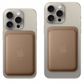 Apple iPhone Finewoven Wallet in brown, shown attached to two different iPhone 15 Pro models, displayed front and back views