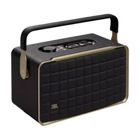 JBL Authentic 300 Home Speaker in black with gold trim detailing, carry handle, and retro quilted grille design