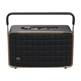 JBL Authentic 300 Home Speaker in black with gold trim, quilted front grille, top controls, and carry handle