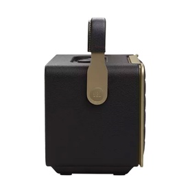 JBL Authentic 300 Home Speaker in black, side view showing tan leather carry strap and gold trim detail on compact square body