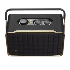 JBL Authentic 300 Home Speaker in black with gold trim, carry handle, dual tweeters and control knobs, front view
