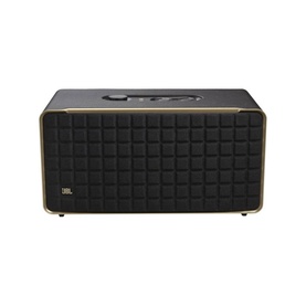 JBL Authentic 500 Home Speaker in black with quilted front grille, gold trim accents, and top controls on white background