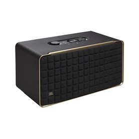 JBL Authentic 500 Home Speaker in black with gold trim detailing, control buttons on top, front fabric grille panel