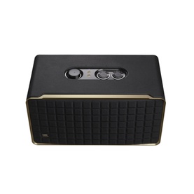 JBL Authentic 500 Home Speaker in black with gold trim, quilted fabric grille, and top-mounted control buttons, front-facing view