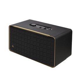 JBL Authentic 500 Home Speaker in black with gold trim, fabric grille front, and control buttons on top