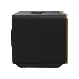JBL Authentic 500 Home Speaker in black, side profile view showing fabric grille and gold corner trim detail