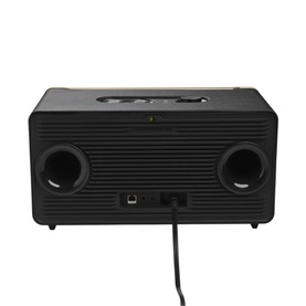 JBL Authentic 500 Home Speaker in black, rear view showing dual ports and connected cable