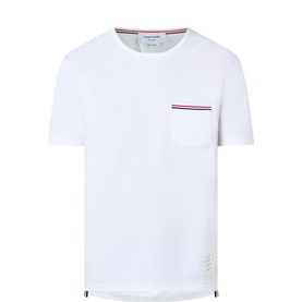 Thom Browne Pocket-Detail T-Shirt in white cotton, crew neck, short sleeves, chest patch pocket with grosgrain stripe trim, side slits
