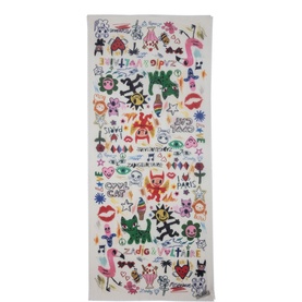 Zadig Maxi Delta Humberto Scarf in white cotton, rectangular with vibrant multicolour cartoon-style print and logo details