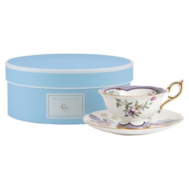 Wedgwood Fortune Teacup Saucer 150ml in multicolour floral design with gold trim, shown with light blue gift box