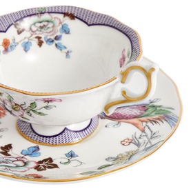 Wedgwood Fortune Teacup & Saucer 150ml in white with multicolour floral and bird motifs, blue geometric border, and gold handle detail