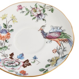 Wedgwood Fortune Teacup Saucer 150ml in white fine china with multicolour floral and exotic bird motif, gold rim detail