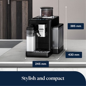 Delonghi Rivelia Automatic Compact Bean To Cup Coffee Machine in black with dimensions: 385mm height, 430mm depth, 245mm width.