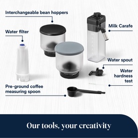 Delonghi Rivelia Bean To Cup Coffee Machine black accessories: interchangeable bean hoppers, water filter, milk carafe, water spout, measuring spoon