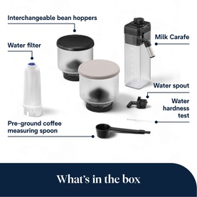 Delonghi Rivelia Beige coffee machine box contents: two bean hoppers, water filter, milk carafe, water spout, measuring spoon