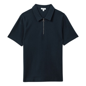 Reiss Felix Half-Zip Polo Shirt in blue, textured cotton with collared neckline, short sleeves and silver-tone half-zip fastening