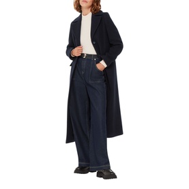 Model wearing Whistles Amalia Single-Breasted Coat in blue with notched lapels, styled with wide-leg dark jeans and a cream top