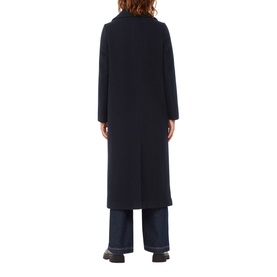 Model wearing Whistles Amalia Single-Breasted Coat in blue wool blend, rear view showing back vent, styled with wide-leg jeans