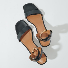 Chain-Embellished Leather Heeled Sandals