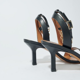 Chain-Embellished Leather Heeled Sandals