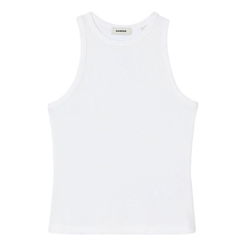 Sandro Logo Tank Top in white ribbed cotton, round neck, sleeveless, straight hem with embroidered logo detail