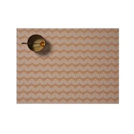 Chilewich Swing Rectangle Placemat in yellow with geometric woven pattern, styled with a small gold bowl and cutlery