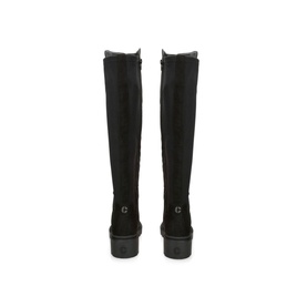 Carvela Dash 50/50 Knee-High Boots in black fabric, rear view showing elasticated panels, block heel and logo detail