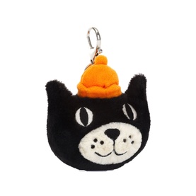Jellycat Jack Bag Charm 13cm, black plush cat face with orange knitted hat and silver clip fastening