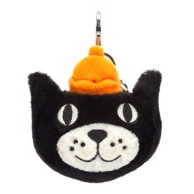Jellycat Jack Bag Charm 13cm, black plush cat face with white features, orange hat, and silver clip fastening