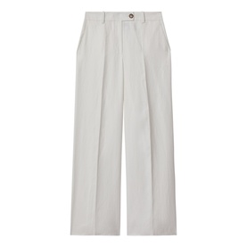 Reiss Lori High-Rise Wide-Leg Trousers in white, soft woven finish with slight sheen, wide-leg silhouette, mottled button fastening and side pockets