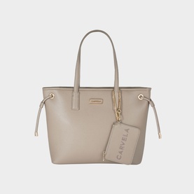 Carvela Carrie Zip-Fastened Tote Bag in brown, gold-tone hardware, side toggle straps, removable branded zip pouch, long top handles