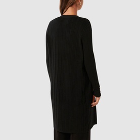 Model wearing Forever New Daphne Ribbed Cardigan in black, longline open-front style with rib knit texture, shown from the back