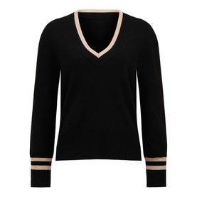 Forever New Hattie Knit Sweater in black with V-neckline, contrast beige stripe trims at neckline and cuffs, ribbed hemline
