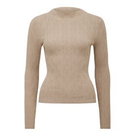 Forever New Everley Wave Top in beige with mock neckline, long sleeves, wave-textured knit pattern and straight hemline